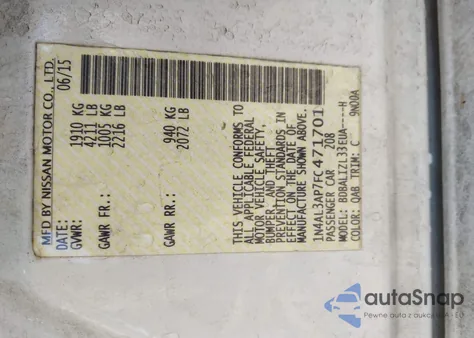 2015 Nissan Altima 2.5 Sv z USA, uszkodzony, nr VIN 1N4AL3AP7FC471701